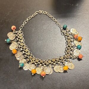 Bohemian Coin Charm Necklace in Silver with Multicolor Beads